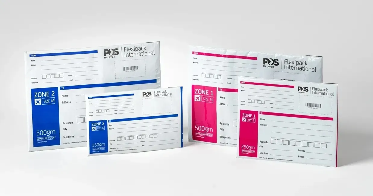 International prepaid flexipack package envelopes in all sizes